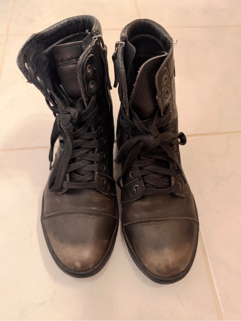Diesel Black Leather Lace-Up Combat Boots with Side Zipper